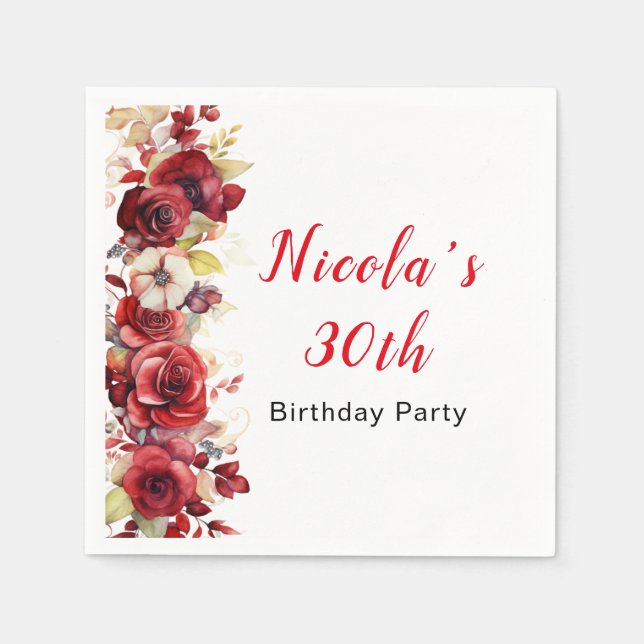 Romantic Red Roses Floral Birthday Napkins (Front)