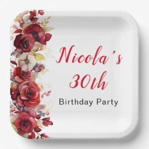 Romantic Red Roses Floral Birthday Paper Plates