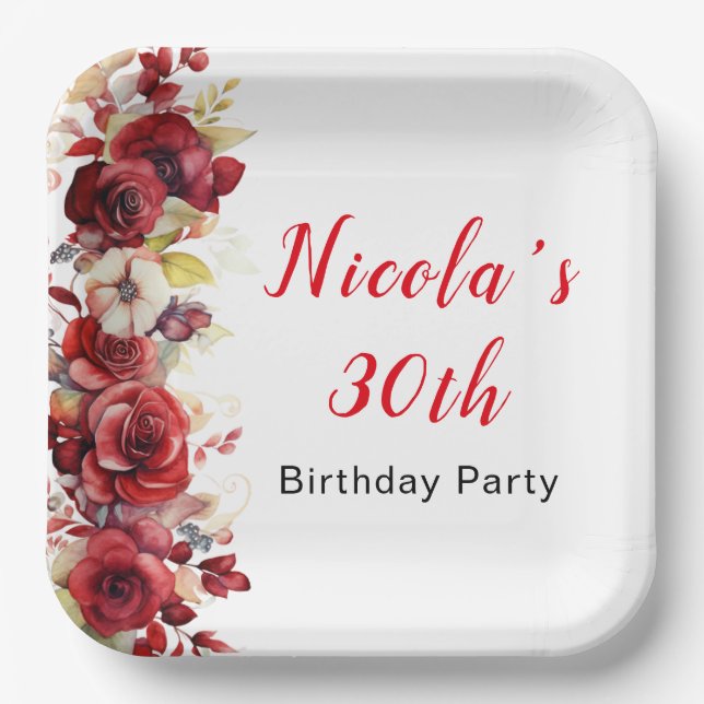 Romantic Red Roses Floral Birthday Paper Plates (Front)