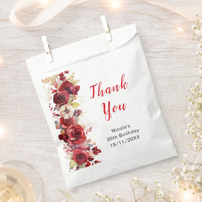 Romantic Red Roses Floral Birthday Party Favor Bag (Clipped)