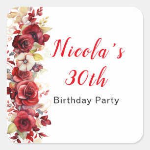 Romantic Red Roses Floral Birthday Party Square Sticker