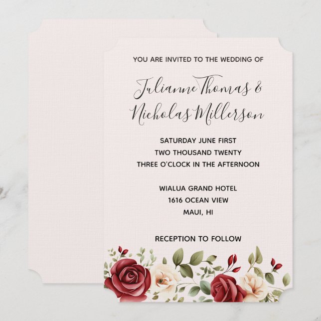 Romantic Red Roses Floral Blush Pink Wedding Invitation (Front/Back)