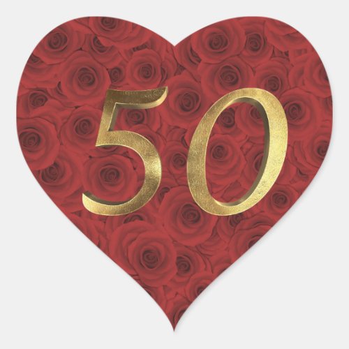 Romantic Red Roses Floral Heart Golden Number 50 Heart Sticker