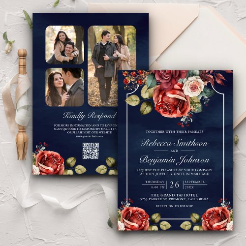 Romantic Red Roses Floral Navy QR Code Wedding Invitation