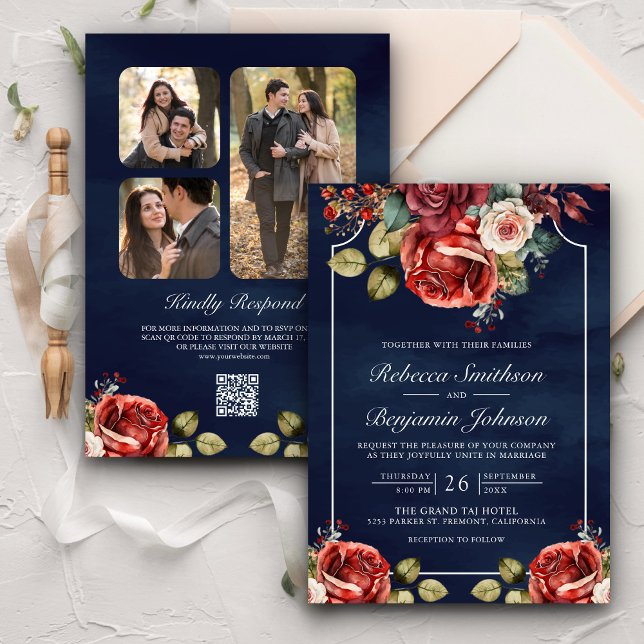 Romantic Red Roses Floral Navy QR Code Wedding Invitation (Creator Uploaded)