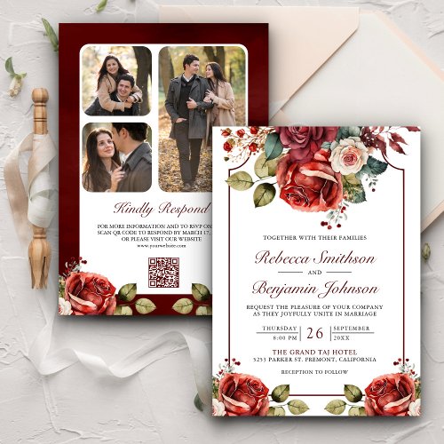 Romantic Red Roses Floral Photo QR Code Wedding Invitation