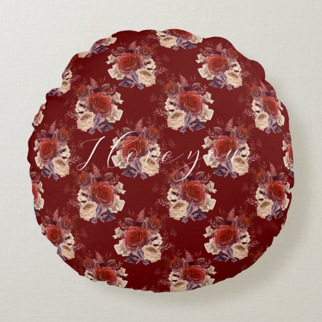 Romantic Red Roses Floral Round Pillow (Front)