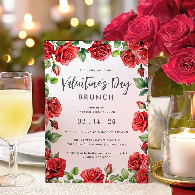 Romantic Red Roses Floral Valentine's Day Brunch Invitation (Creator Uploaded)