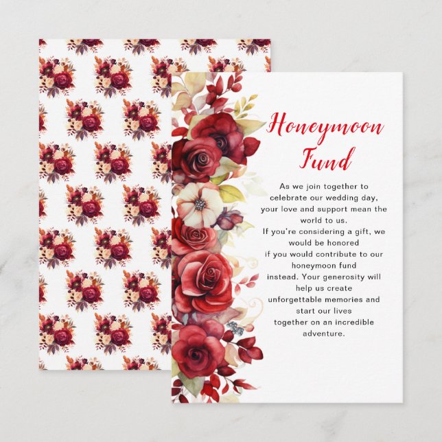 Romantic Red Roses Floral Wedding Honeymoon Fund Enclosure Card (Front/Back)