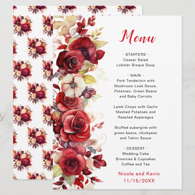 Romantic Red Roses Floral Wedding Menu (Front/Back)
