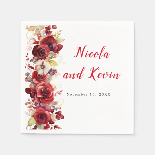 Romantic Red Roses Floral Wedding Napkins (Front)
