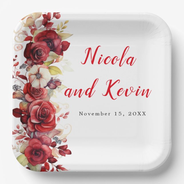 Romantic Red Roses Floral Wedding Paper Plates (Front)