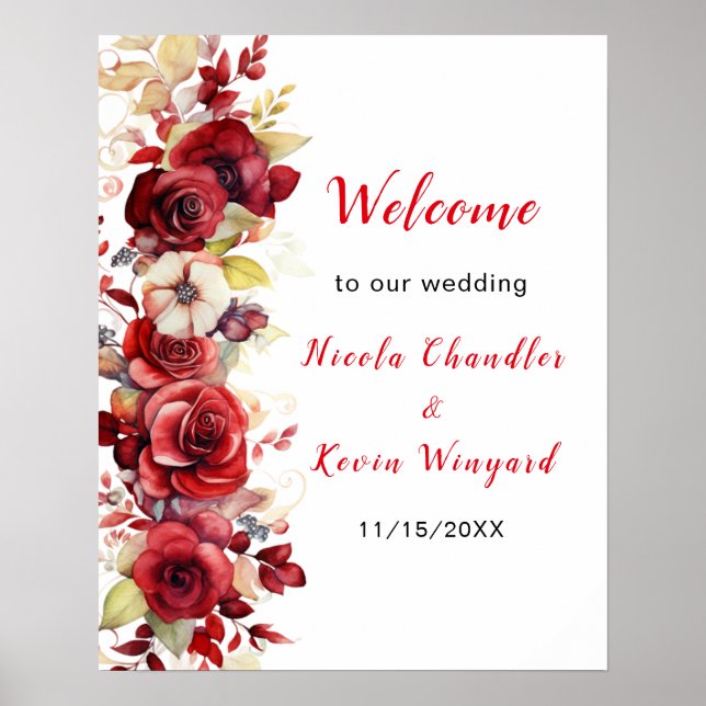 Romantic Red Roses Floral Wedding Poster (Front)