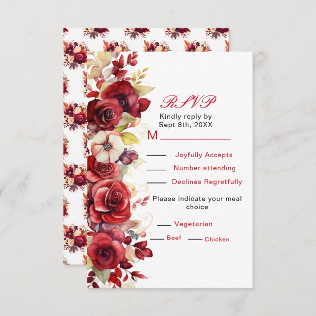Romantic Red Roses Floral Wedding RSVP (Front/Back)