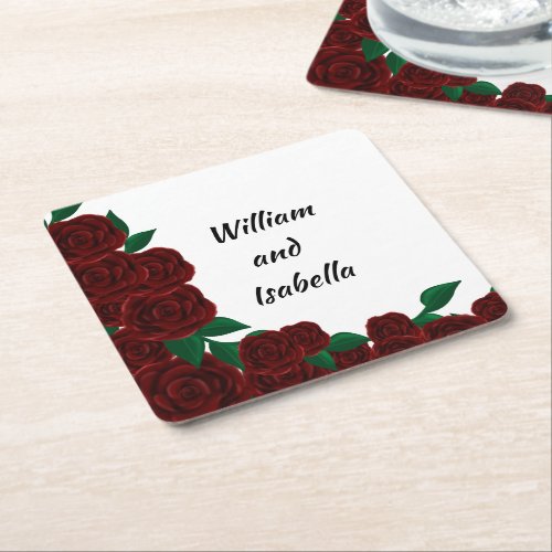 Romantic red roses flowers fall  outdoor  wedding square paper coaster