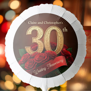 Romantic Red Roses Gold 30th Wedding Anniversary Balloon