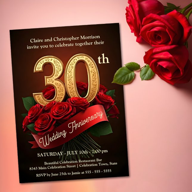 Romantic Red Roses Gold 30th Wedding Anniversary Invitation (Creator Uploaded)