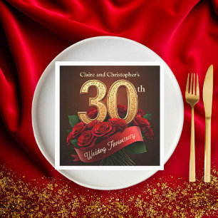 Romantic Red Roses Gold 30th Wedding Anniversary Napkins