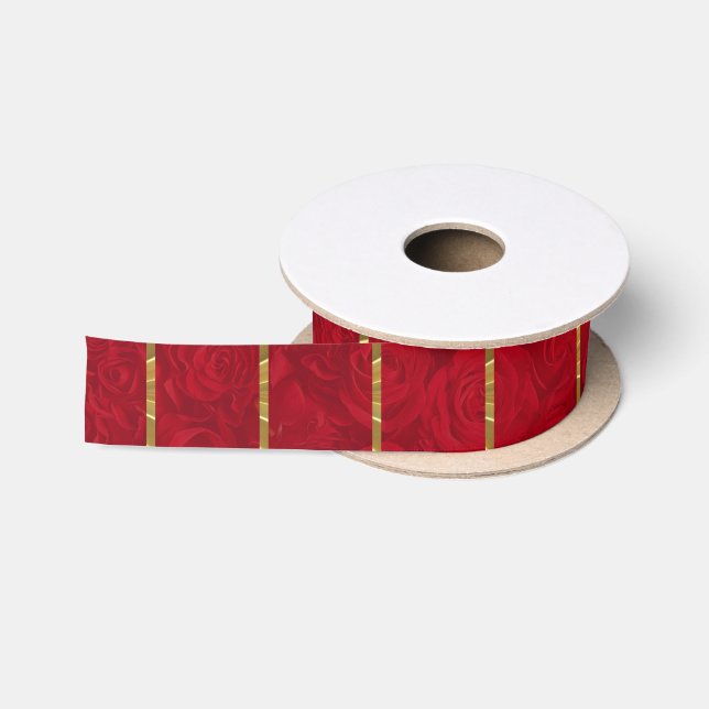 Romantic Red Roses Gold Accents Satin Ribbon (Spool)