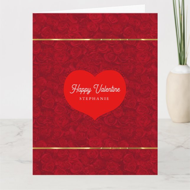 Romantic Red Roses Gold Accents Valentine's Day Card (Front)