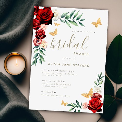 Romantic Red Roses Gold Butterflies Bridal Shower Invitation