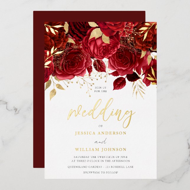 Romantic Red Roses & Gold Leaf Wedding Foil Invitation (Front/Back)