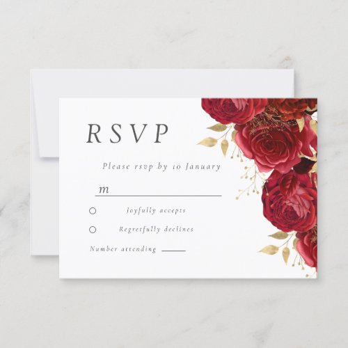 Romantic Red Roses Gold Leaf Wedding  RSVP Card