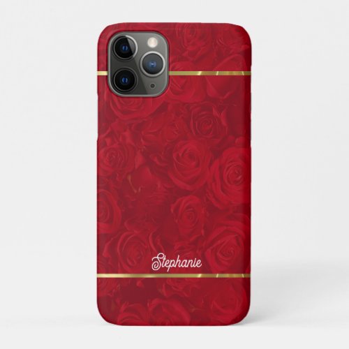 Romantic Red Roses Gold Stripes Accent iPhone 11 Pro Case