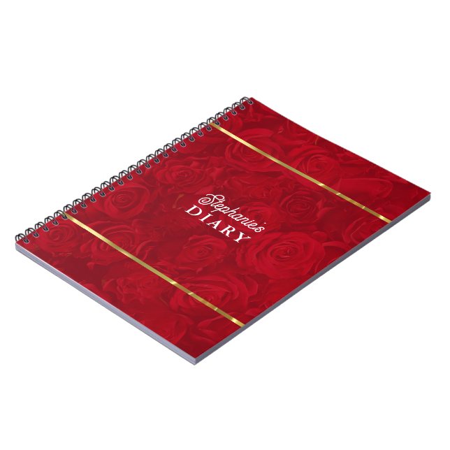 Romantic Red Roses Gold Stripes Accent Notebook (Left Side)
