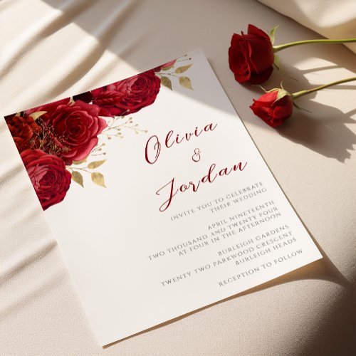 Romantic Red Roses  Gold Wedding Invitation