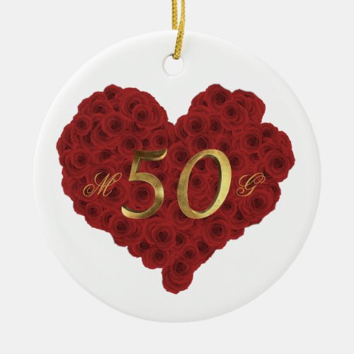 Romantic Red Roses Heart 50th Wedding Anniversary Ceramic Ornament