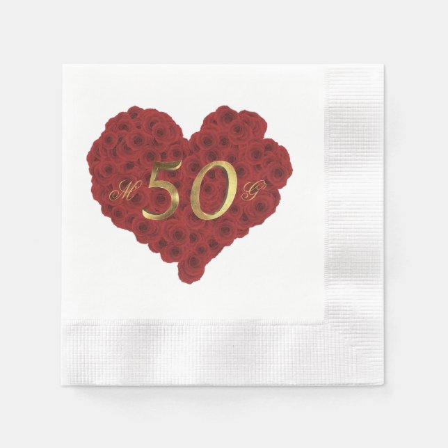 Romantic Red Roses Heart 50th Wedding Anniversary Napkins (Front)