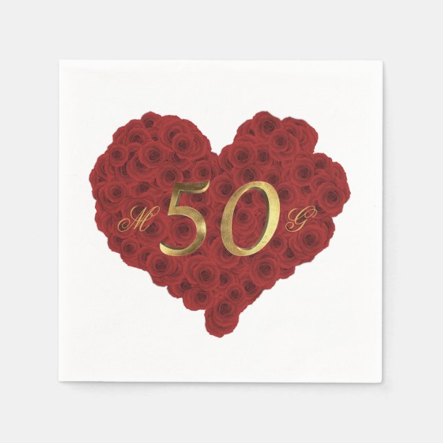 Romantic Red Roses Heart 50th Wedding Anniversary Napkins (Front)