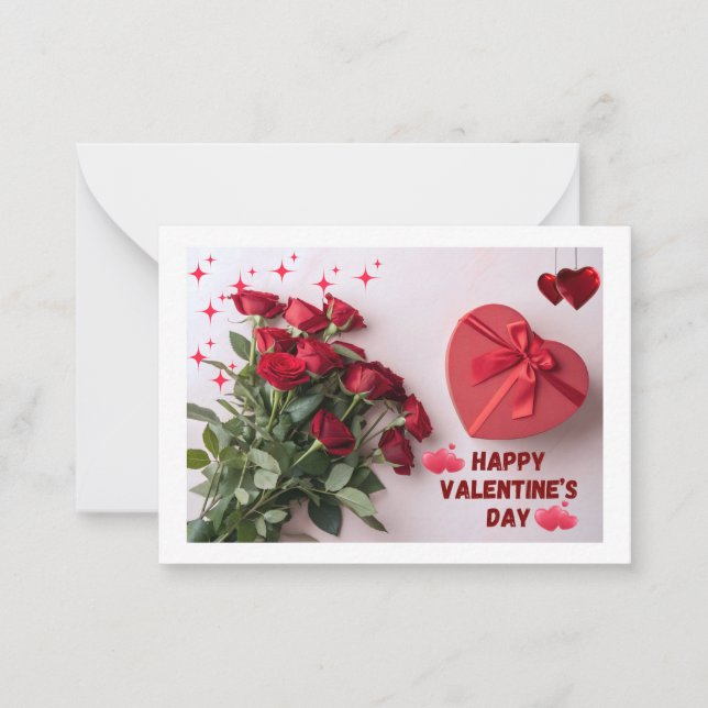 Romantic Red Roses & Heart Gift Box Valentine’s  Note Card (Front)