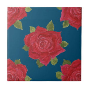 Romantic Red Roses on Blue Custom Ceramic Tile