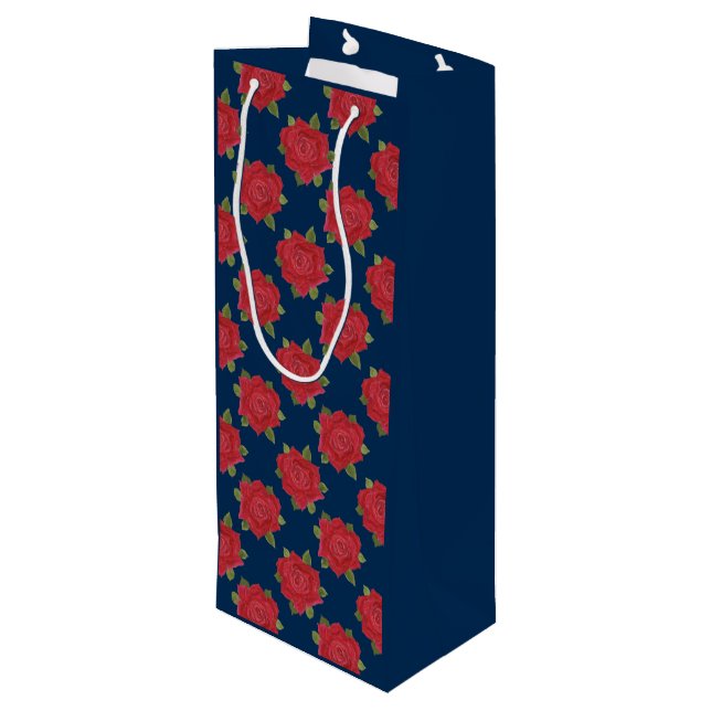 Romantic Red Roses on Blue Custom Wine Gift Bag (Back Angled)