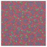 Romantic Red Roses on Blue Pattern Fabric