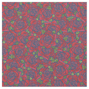 Romantic Red Roses on Blue Pattern Fabric