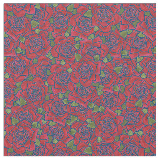 Romantic Red Roses on Blue Pattern Fabric