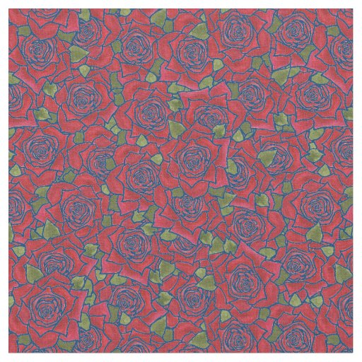 Romantic Red Roses on Blue Pattern Fabric