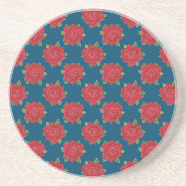 Romantic Red Roses on Blue Round Sandstone Coaster (Front)