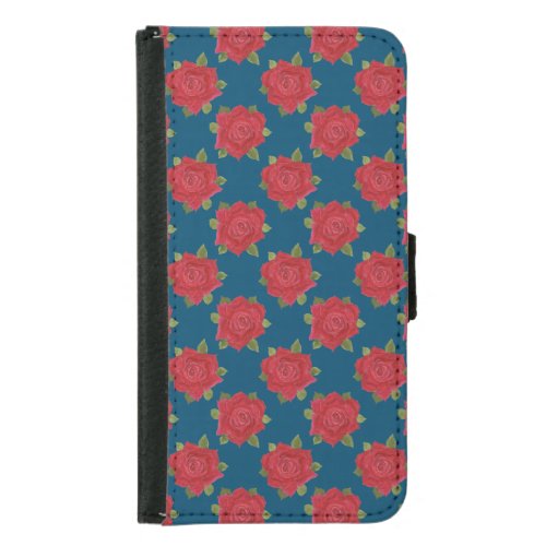 Romantic Red Roses on Blue Wallet Smartphone Case