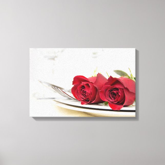 romantic red roses on dinner plate canvas print (Front)