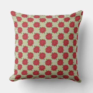 Romantic Red Roses on Green Check Gingham Throw Pillow