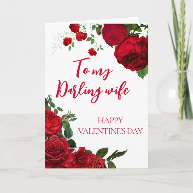 Romantic Red Roses on White Wife Valentine's Day Card (Front)