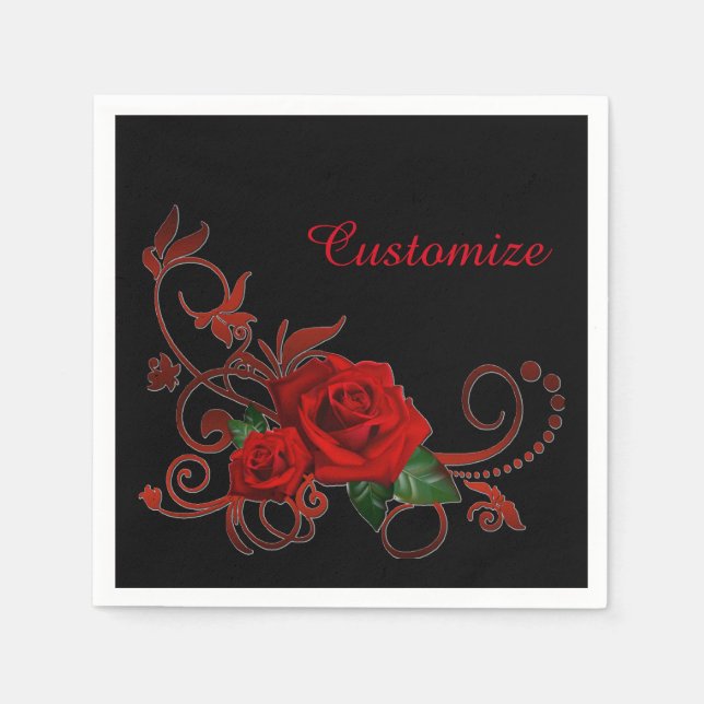 Romantic Red Roses Red and Black Napkins (Front)