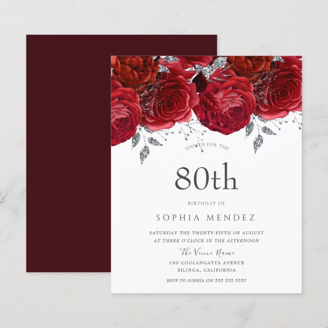 Romantic Red Roses Silver 80th Birthday Invitation (Front/Back)