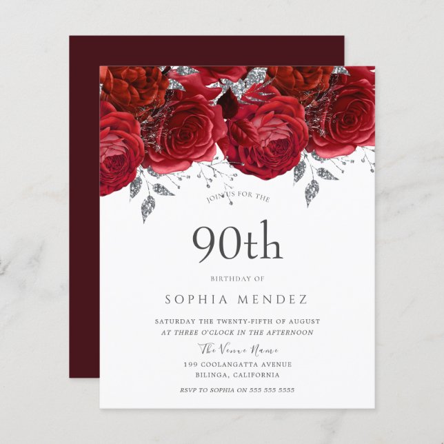 Romantic Red Roses Silver 90th Birthday Invitation (Front/Back)