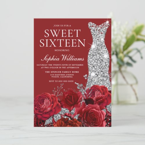 Romantic Red Roses Silver Diamond Gown Sweet 16  Invitation