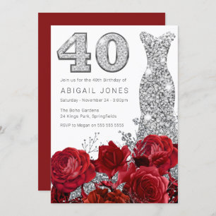 Romantic Red Roses Silver Dress 40th Birthday Invitation